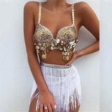 Sequined Two Piece Set Women Spaghetti Strap Diamante Bra Crop Top Tassel Waist Chain Latin Dance Performance 2 Pcs