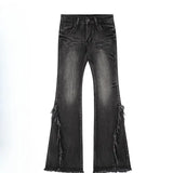 high street retro hottie micro-flare jeans women American Y2k autumn and winter raw edge splicing slim trousers-Outfit