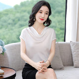 Woman Blouses 2023 Satin Women Tops Summer Short Sleeve Blouse Pile Collar Women's Elegant Blouses Female Clothing
