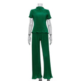 Fongt 2023 Summer New Thin T-Shirt High Waist Blue Pleated Floor Pants Casual Women's Fashion Suit-Outfit