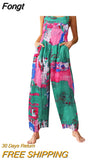 Women Casual Floral Print Strappy Dungarees Vintage Cotton Linen Loose Party Long Harem Overalls Rompers