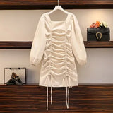 Women Autumn Winter Vintage Dress Soild Square Colar Long Sleeve Elegant Korean High Waist Bodycon Bandage