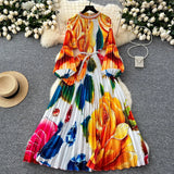 Fongt Elegant Dress Women Fashion Nail Ball Collar Hollow Pressure Folding Lantern Sleeves To Print Long Skirt