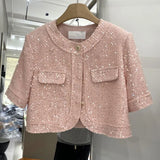 High Quality Korean Tweed Paillette Short Sleeve Jacket Coat Women Korean Fashion Sequin Short Outerwear