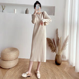 Fongt And Winter 2025 Long-Sleeved Collar Knitted Dress New Medium And Long Solid Color Bottom Straight Over Knee Dress