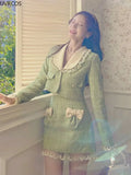 Winter Sweet Tweed Plaid Skirt Sets Women Cute Bow Woolen Jackets Mini Skirts Green Elegant Suit Female New 2 Pieces Sets-Outfit