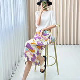 Fongt Folded Purple Snowflake Print Skirt Gentle Cream Purple Bump Color Daily Slim High Waist Open Straight Skirt