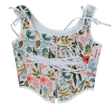 Fongt Ancient Printed Corset New French Retro Court Front Strap U Tie Leaf Printed Vest Female Wear