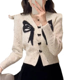 Fongt Design Sense Embroidered Bow Sweater 2024 Autumn / Winter Sweet Printed Cardigan Show Thin Jacket-Outfit