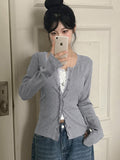 Fongt 2025 New Simple Solid Color Lace Splicing Casual Buckle Knitted Long-Sleeved T-Shirt Top