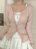 Fongt 2025 New Simple Solid Color Lace Splicing Casual Buckle Knitted Long-Sleeved T-Shirt Top