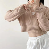 Fongt Sense Korean Version Pure Color New Loose Big Lapel Sweater Spring Autumn Women's Short Sweater Net Red Sweater-Outfit