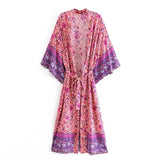 Location Floral Print Long Kimono Shirt Beige Hippie Women Lacing up Tie Bow Sashes Long Cardigan Loose Blouse Tops