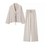 Fongt And Summer Women's Solid Color Tie Shirt Broad Leg Trousers Set Casual Two Sets