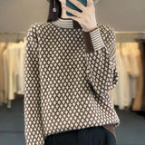 Winter Vintage Knitted Jumpers Casual Half High Collar Spliced Female Clothing Long Sleeve Fashion Asymmetrical Sweaters-Outfit