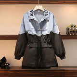 Denim Women's Windbreaker Lapel Lantern Sleeve Hit Color Drawstring Coat Female 2022 Autumn Fashion