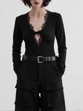 Fongt Wind Top Woman 2025 Spring New Kinesitic Lace Splicing Design V Collar Long