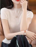 Summer New Half-High Collar Knitted Short-Sleeved Women's Thin T-Shirt With Loose Knitted Half-Sleeved Vest