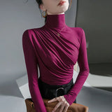Women Turtleneck Full Sleeve Folds T Shirts Lady High Quality Elegant Elastic Tops Tees Female T-Shirt-Outfit