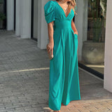 Fongt New Women's Short-Sleeved Stylish Elegant Large-Size Wide-Legged Jump-Legged Jumpsuit