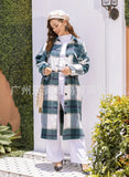 Autumn Winter Lady Classic Plaid Coat Lapel Double Bag Long Loose Versatile Coat-Outfit