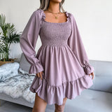 Spring And Summer Collar Horn Long-Sleeved Lotus Leaf Side Dress Burst Women's