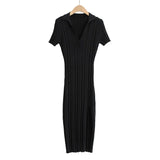 New Spring Temperament Slim Polo Neckline Elastic Knitted Short-Sleeved Side Forked Dress-Outfit
