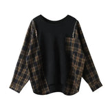Printed Spliced Knitted Tops Spring Fashion Women's Clothing Loose Korean Long Sleeve Pullovers Round Neck Casual T-shirt-Outfit