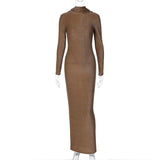 Sparkle Solid Pure Color Shinny Long Sleeves Maxi Dress Backless Body-Shaping Clubwear Birthday Party Wholesale-Outfit