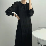 Fongt Chic Gentle And Elegant Round Collar Fold Texture Design Loose Leisure Lantern Sleeve Chiffon Dress Woman