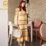 Summer Knitted 2 Pieces Set Women Sexy V-Neck Vintage Wave Striped Pullover Sweater + Midi Pleated Skirt Sweater Suits