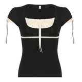 Lace Patchwork Square Neck Short Sleeve Tee-Outfit