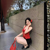 Fongt Red Three-Dimensional Rose Slings Pure Hottie Sexy Vest Irregularly Boiling Flowers Knitted