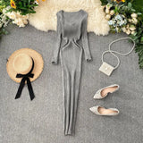 Fongt Women's Autumn And Winter 2025 New Korean Version Of Simple Solid Color Long Sleeves Tight Waist Thin Knit Long Dress