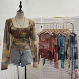 Fongt Babes Tie-Dye Net Yarn Sunscreen Cardigan Two Sets Of Sling Vest + Long-Sleeved Shirt Top 8056