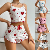 Summer New 2024 Knitted Pit Strip Love Print Design Sweet Sling Shorts Pure Pyjamas