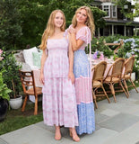 Short Puff Sleeve Contrast Color Flower Dress Women Romantic Square neck Ruched front Hem Patchwork Long Dresses