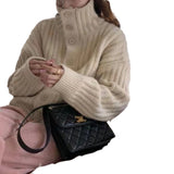 Fongt New Fashion High Collar Pit Strip Soft Waxy Long Sleeve Thick Line Knit Cardigan Female Add Thick Loose Sweater Coat Female-Outfit