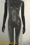 Rhinestones See Through Mini Dress Sexy Sleeveless Fishnet Hollow Out Dresses Women Summer Beach Sexy Cover