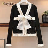 Knitted Diamonds Cardigan Chic Fashion Women V Neck Mesh Big Beaded Bownot Black Button Loose Sweater