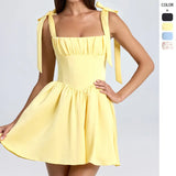 Fongt Summer New Women's Fashion Collar High Waist Folded Splicing Bow Sling Dress