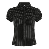 Fongt Style Simple Bubble Sleeve Striped Shirt POLO Collar Versatile Waist Show Thin Single Breasted Top-Outfit