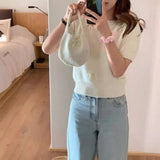 Style Three-Dimensional Bow-Tie Short-Sleeved Sweater Women's 2024 Spring New Sweet Jacket Short-Style Knitted Blouse-Outfit