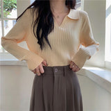 Fongt POLO Collar Apricot Sweater Female Autumn 2023 New Korean Version With Long-Sleeved Sweater Student Jacket
