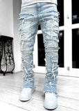 Fongt Men's New Fashion Trend Sticker Jeans Repair Multi-Color Elastic Micro-Tight Straight
