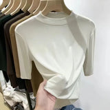 Fongt Wind Advanced Sense Pure Color Half High Collar Five Minutes Sleeve Sleeve T Shirt Female Slim Slim Inside The Bottom Shirt Woman-Outfit