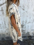 Fongt New Summer Loose Leisure Short-Sleeved Cotton Shirt Pocket Print Dress Woman
