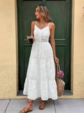 Fongt Women's New Sling INS Hot V-Neck White Hollow Escium Embroidery Dress