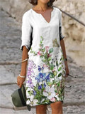 Floral Print Fashion Slim V-Neck Half Sleeve Midi