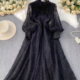 Fongt Retro Elegant Dress Woman 2025 New High-End Collar Single Buckle Waist Embroidery Mesh Dress
